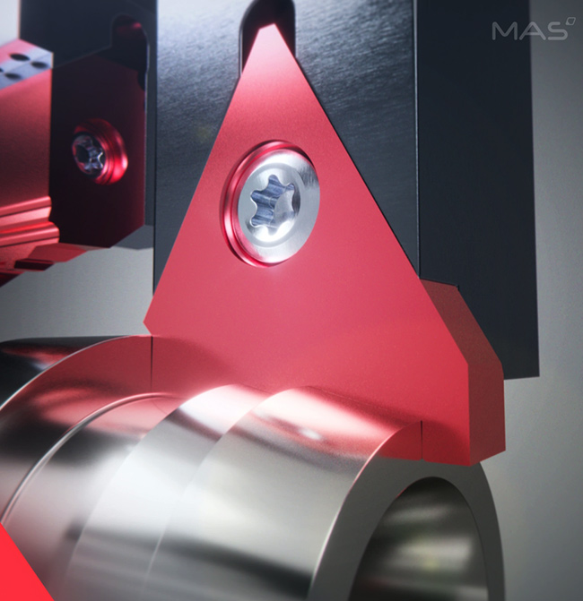 3D-Produktanimation einer roten MAS Carbide Präzisionswendeplatte bei der exakten Metallbearbeitung eines zylindrischen Werkstücks