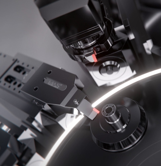 Fotorealistische 3D-Animation einer CNC-Werkzeugtrommel der MAS GmbH mit kreisförmig angeordneten Präzisionswerkzeugen in silber und schwarz