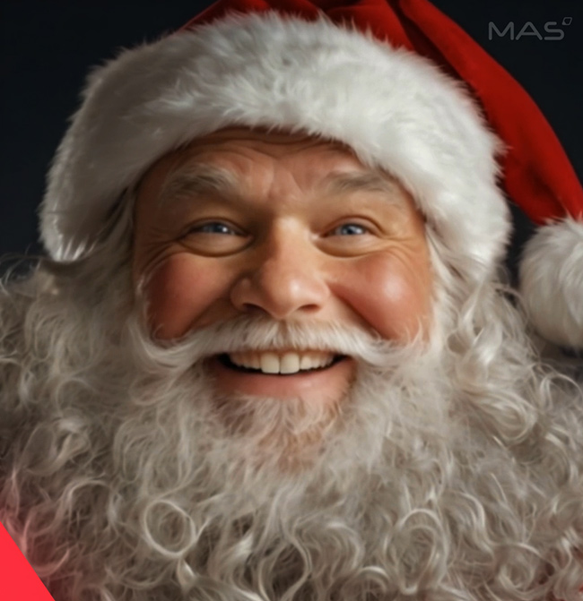 KI-generierter Weihnachtsmann mit weißem Bart und roter Mütze spricht direkt in die Kamera für MAS Tools Engineering