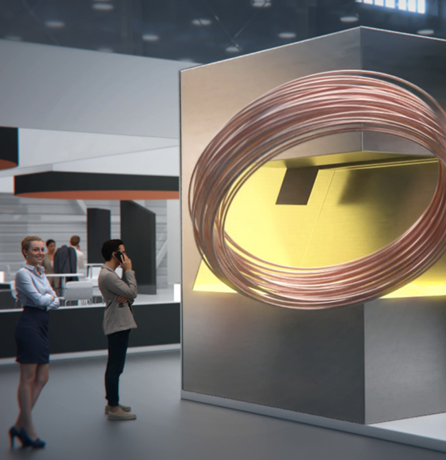 Digital-Motion-Mockup eines 3D-Billboards auf einem Aurubis-Messestand mit staunenden Besuchern in einer Messehalle