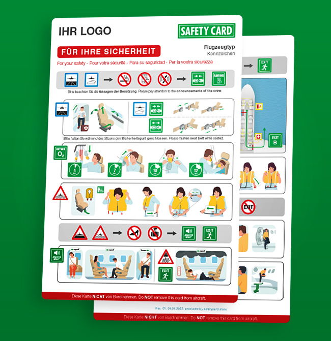beidseitig bedruckte DIN A4 Safety Briefing Cards für Businessjets mit detaillierten Sicherheits-Illustrationen